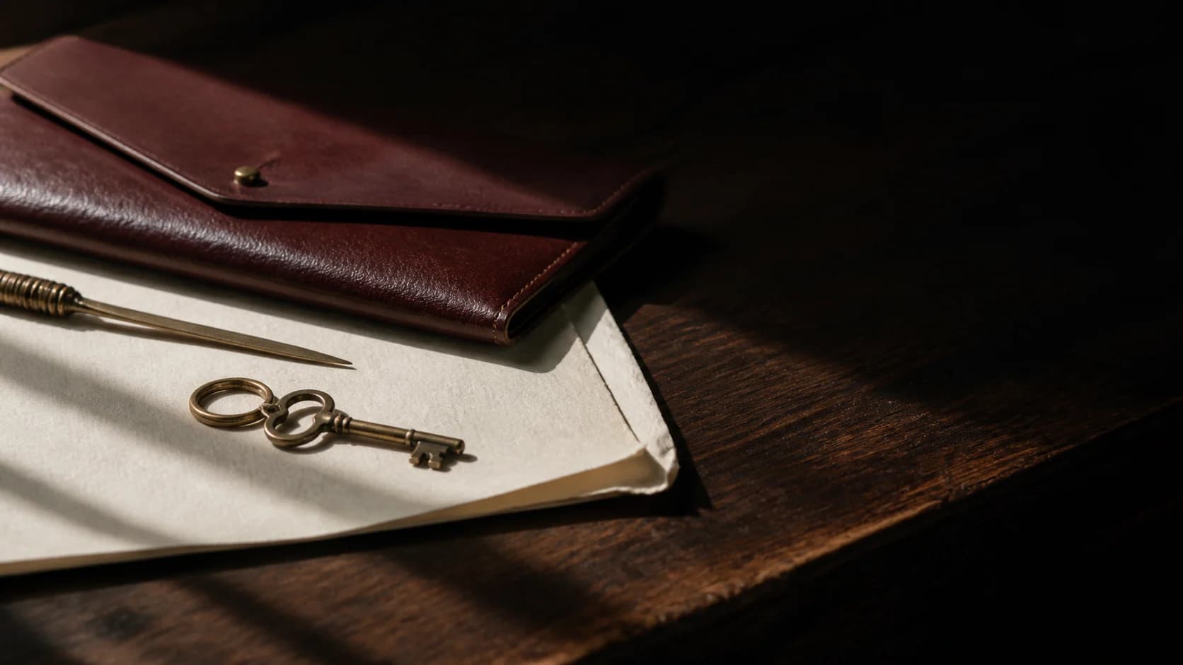 An aged brass key and key ring on cream laid paper beside an oxblood leather folder and brass letter opener on a dark walnut desk, lit from the left with deep shadow to the right.