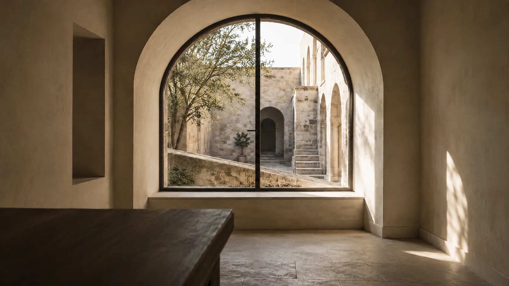 An arched window opening onto a stone courtyard, morning light, a darkened wooden desk in the foreground.