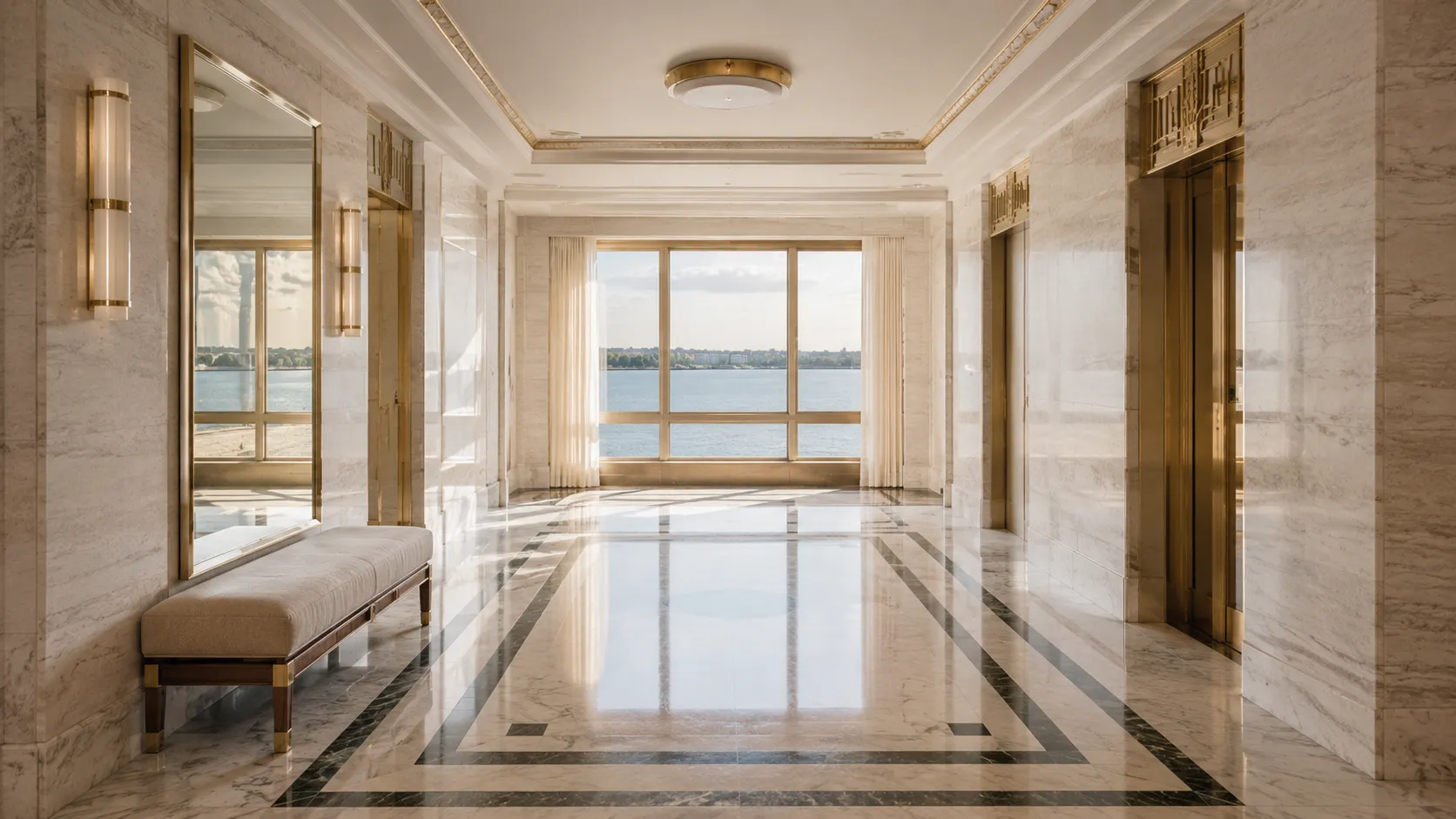 The marble lobby of a waterfront residential building, brass detail, looking through tall windows onto open water.