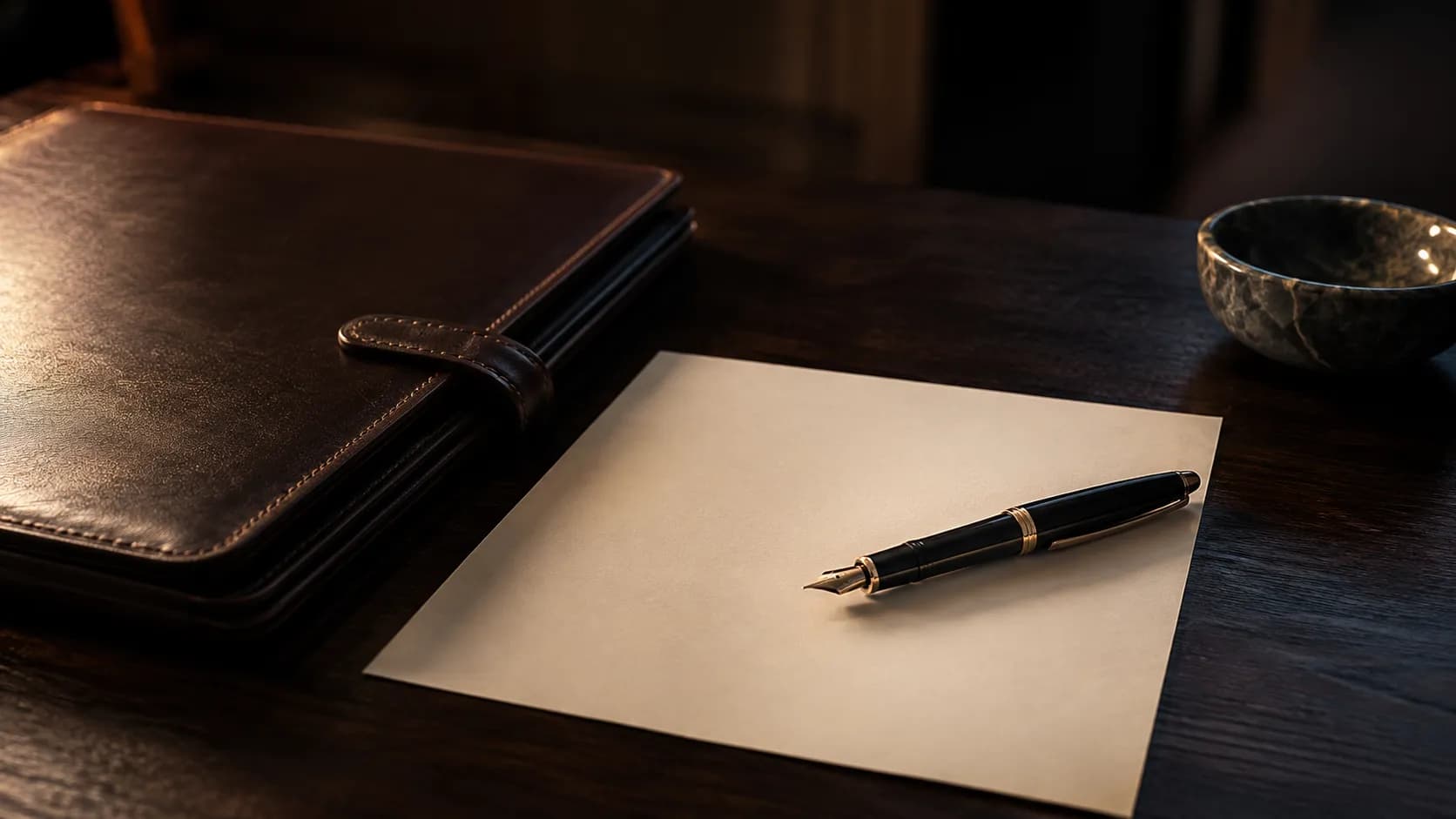 A fountain pen resting on a sheet of writing paper beside a closed leather portfolio and a small stone bowl.