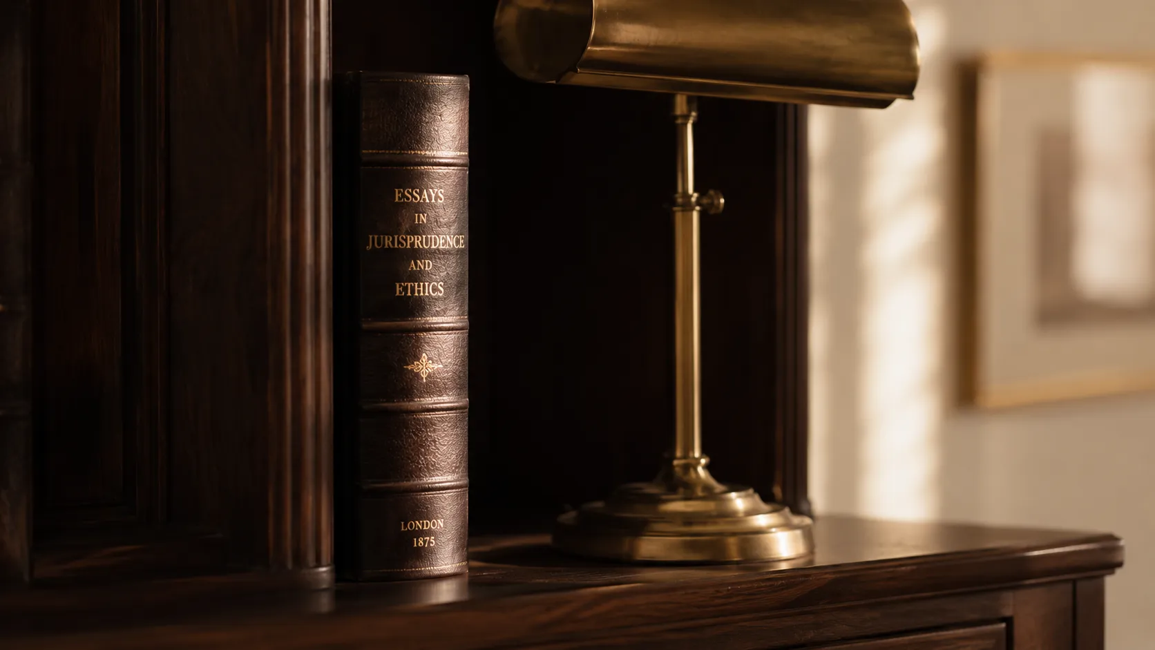A leather-bound volume of Essays on Jurisprudence and Ethics resting on a walnut shelf beside a brass desk lamp.