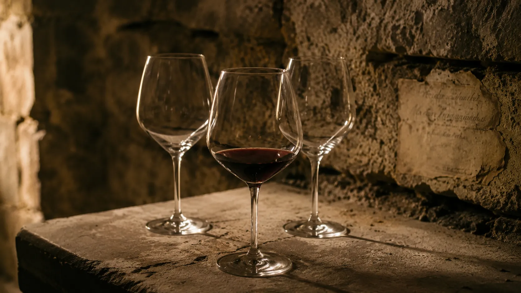 Three wine glasses set on a stone cellar table, side-lit, the rough limestone wall visible behind.